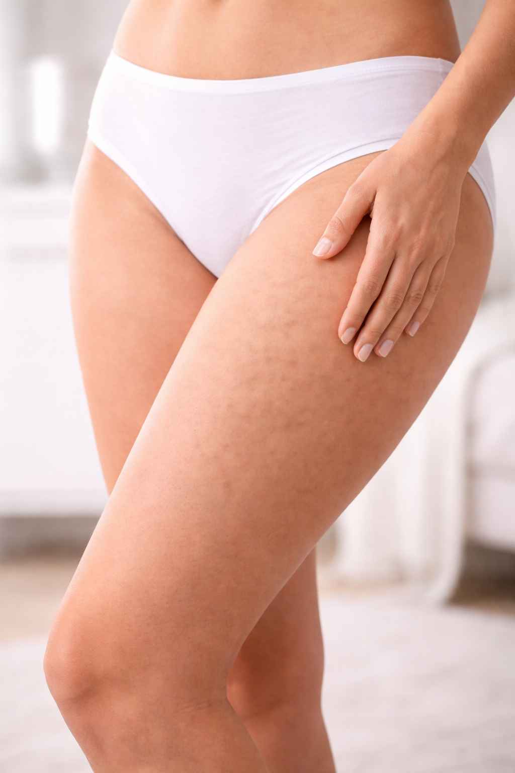 Celulitis en los muslos de una mujer antes de tratamiento para mejorar el aspecto de la piel