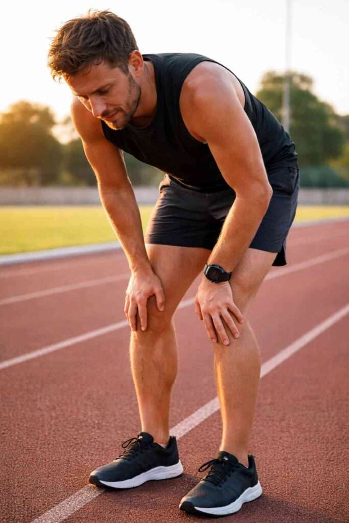 Corredor tocándose las piernas cansadas después de correr para recuperación muscular