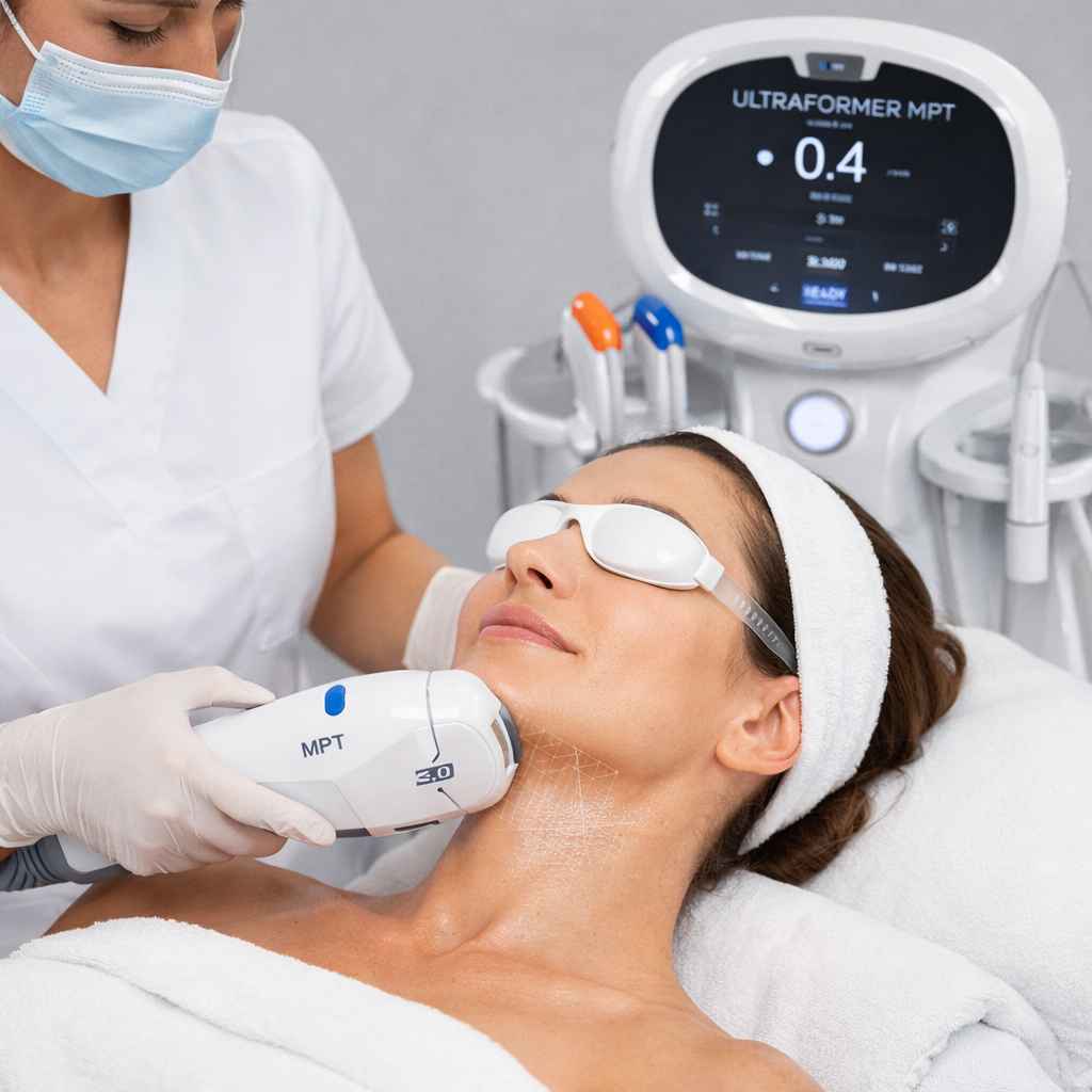 Tratamiento facial con Ultraformer HIFU en Madrid realizado en clínica dermatológica para tensado y rejuvenecimiento de la piel