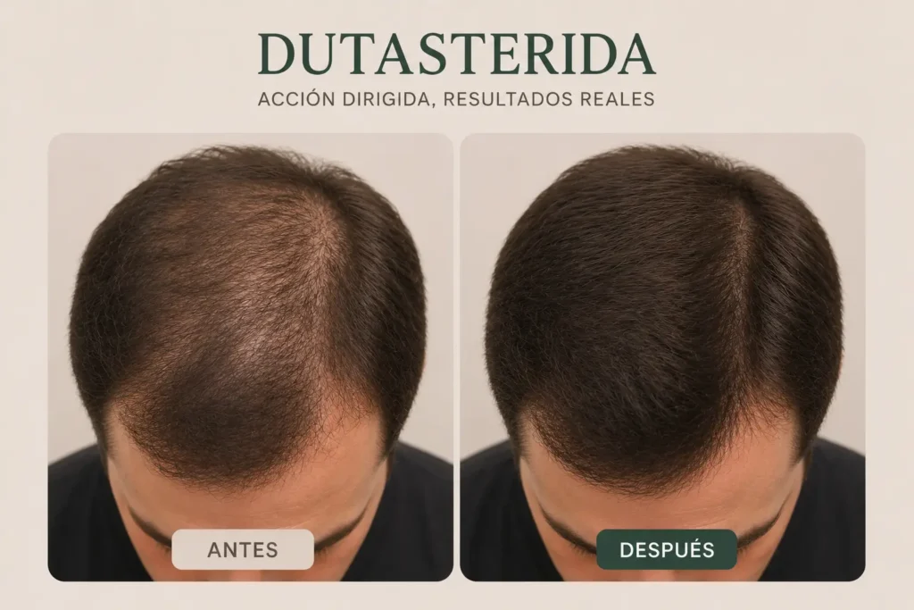 Antes y después de tratamiento capilar con dutasterida para alopecia androgenética