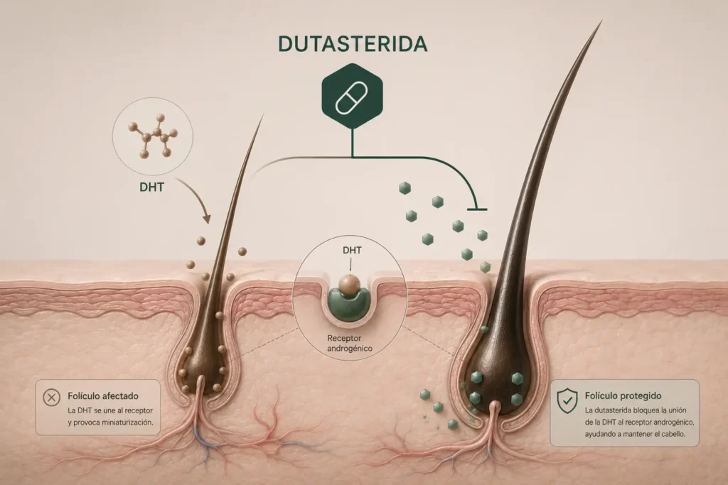 Ilustración de la acción de la dutasterida sobre la DHT en el folículo piloso