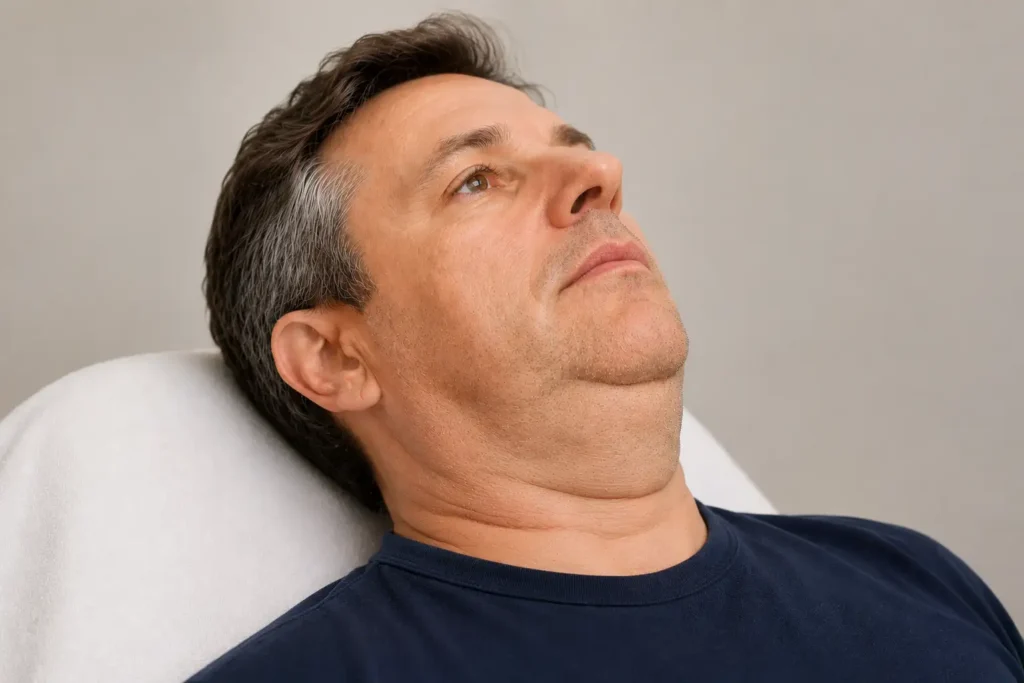 Hombre con papada y flacidez submentoniana, candidato a tratamiento Ultraformer MPT para redefinir el contorno mandibular.
