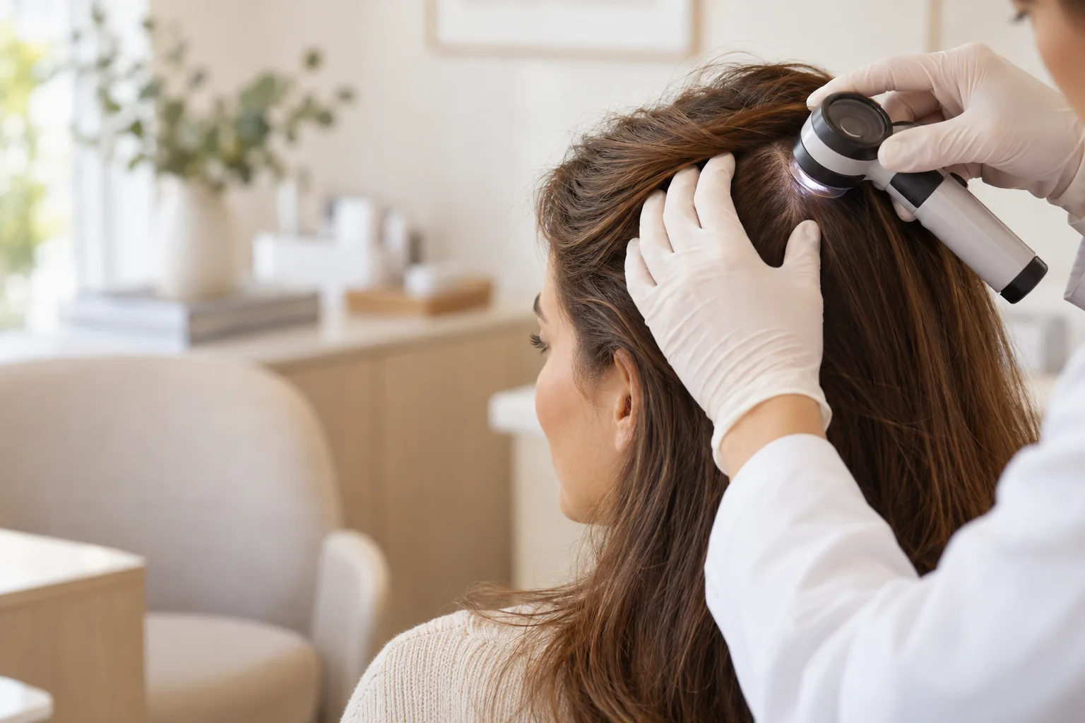 Exploración del cuero cabelludo con un dermatoscopio en una consulta de tricología.