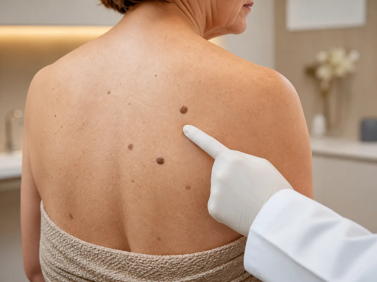 Exploración dermatológica de queratosis seborreicas en la espalda