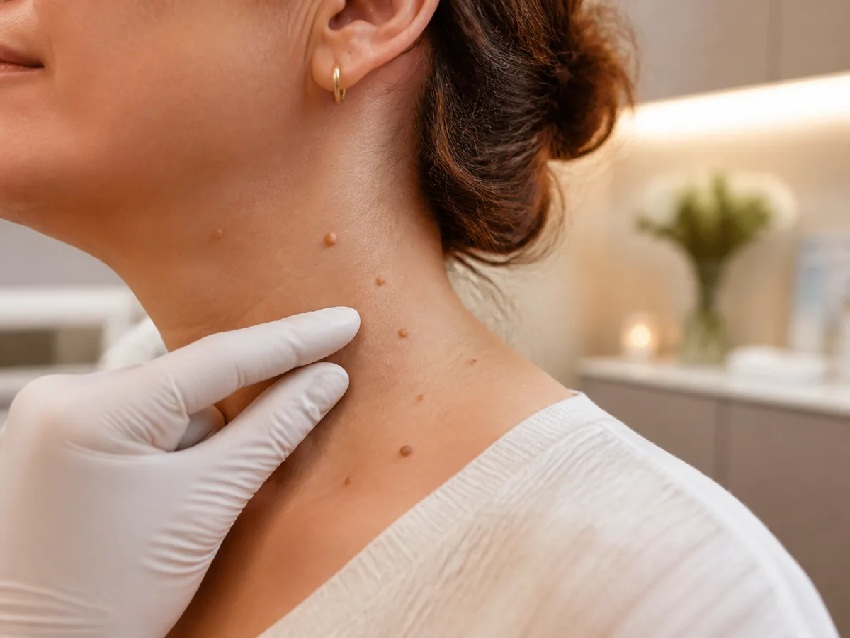 Exploración dermatológica de pequeños acrocordones en el cuello