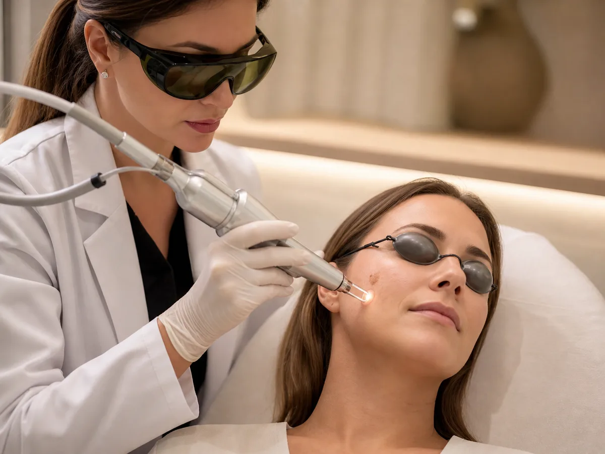 Dermatóloga aplicando láser de picosegundos sobre una mancha facial