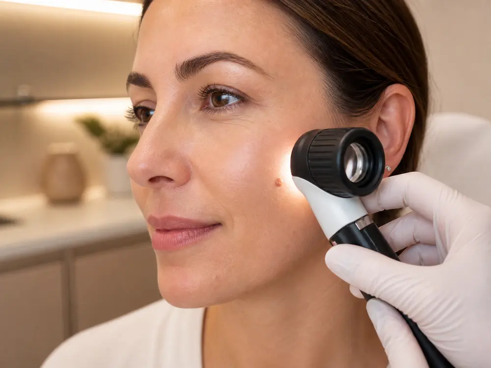 Dermatóloga examinando un nevus melanocítico intradérmico con dermatoscopio